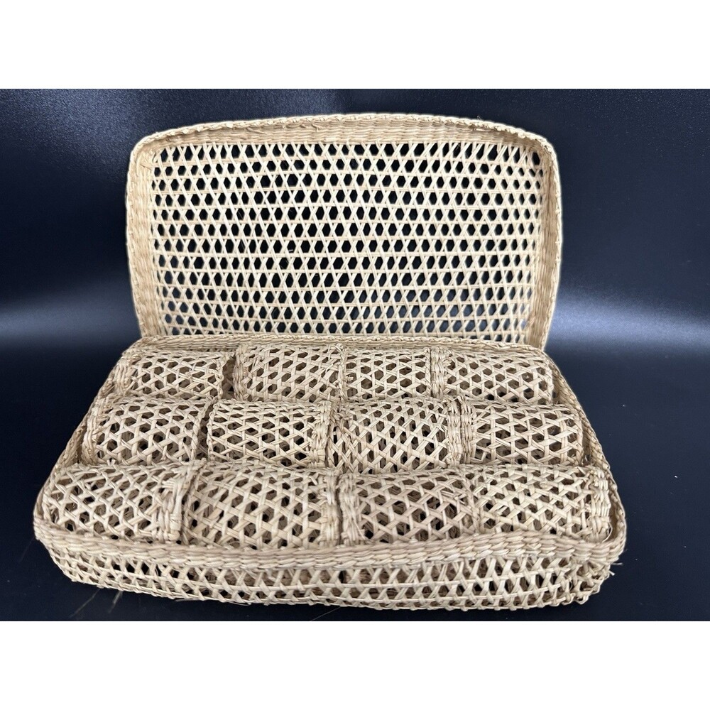 VTG Bamboo Rattan Napkin Rings Set of 12 Woven Box Boho Farmhouse Table Decor